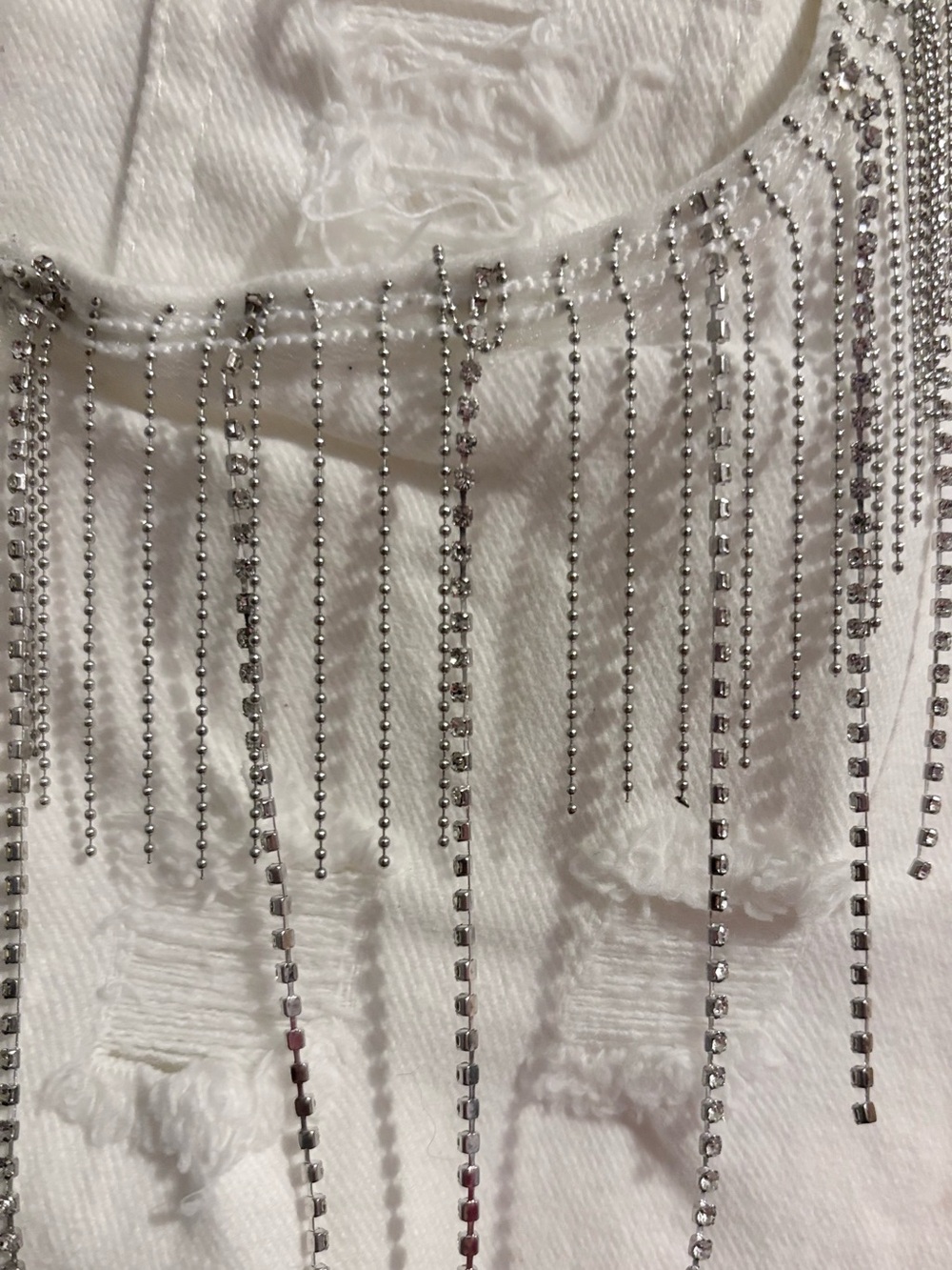 RISEN White Denim Shorts with Silver Chain and Rhinestone Fringe - Picture 7 of 9